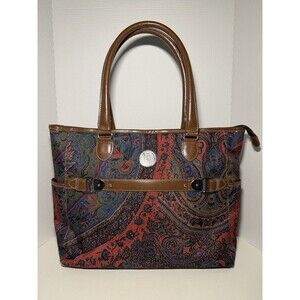 Chaps Ralph Lauren Paisley Tapestry Laptop Tote Bag Brown Faux Leather Trim Vtg